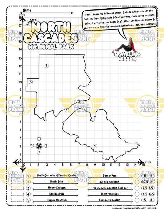 Coordinate Plane Worksheet layered with a Map of North Cascades National Park by Traveling Miss T.