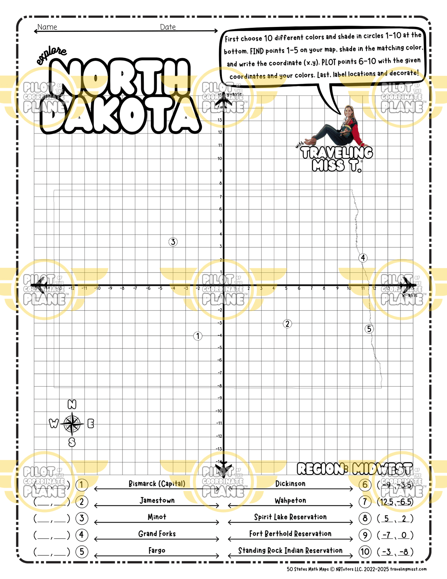 Map of North Dakota layered with a Coordinate Plane Worksheet featuring Traveling Miss T.