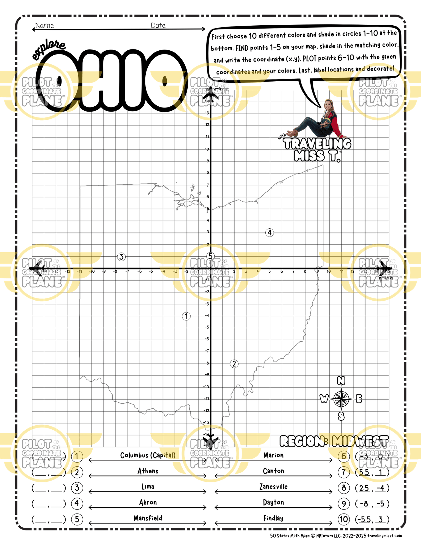 Map of Ohio layered with a Coordinate Plane Worksheet featuring Traveling Miss T.