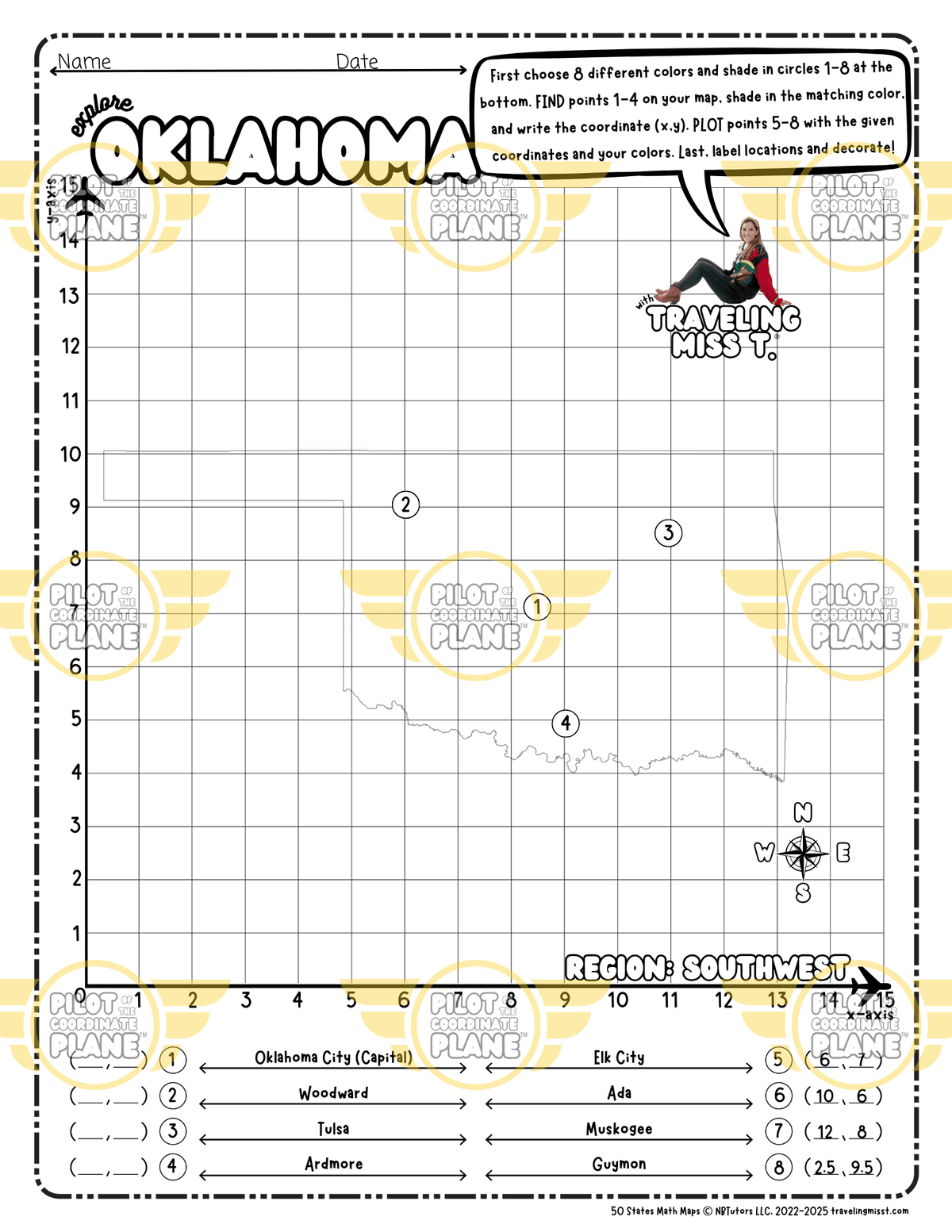 Map of Oklahoma layered with a Coordinate Plane Worksheet featuring Traveling Miss T.