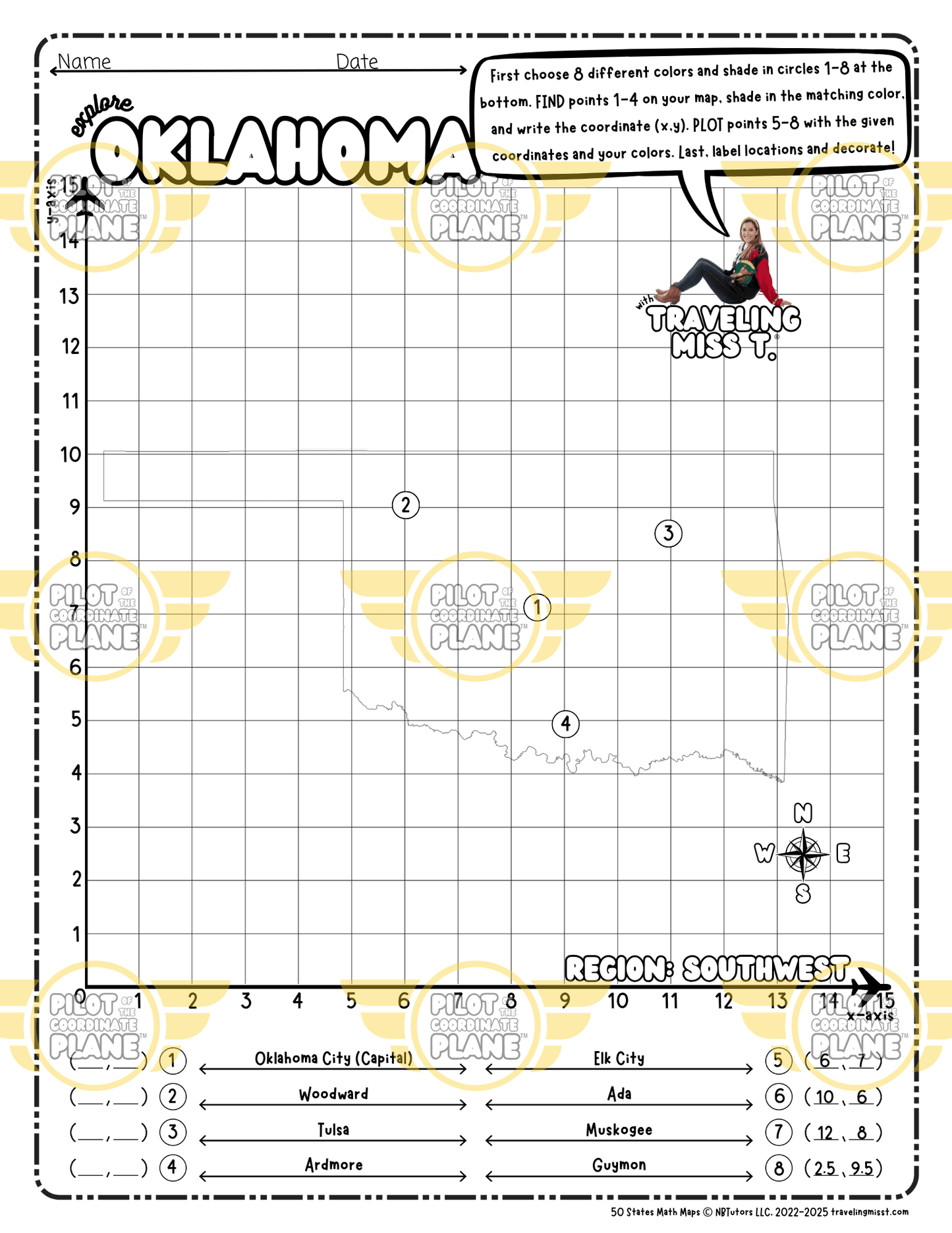 Map of Oklahoma layered with a Coordinate Plane Worksheet featuring Traveling Miss T.
