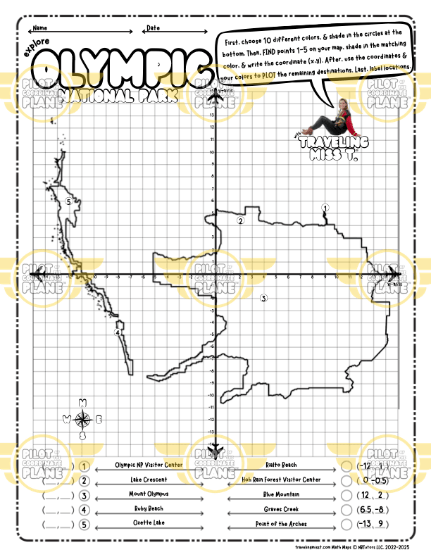 Map of Olympic National Park layered with a Coordinate Plane Worksheet by Traveling Miss T.