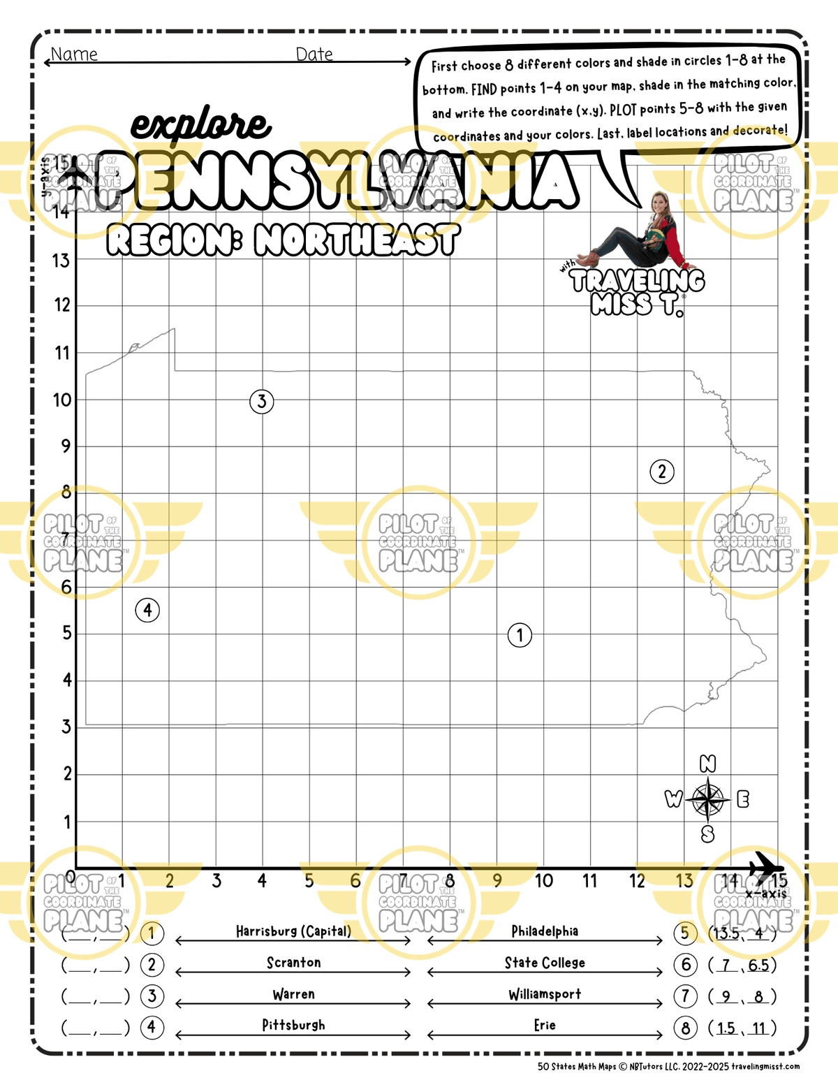 Map of Pennsylvania layered with a Coordinate Plane Worksheet featuring Traveling Miss T.