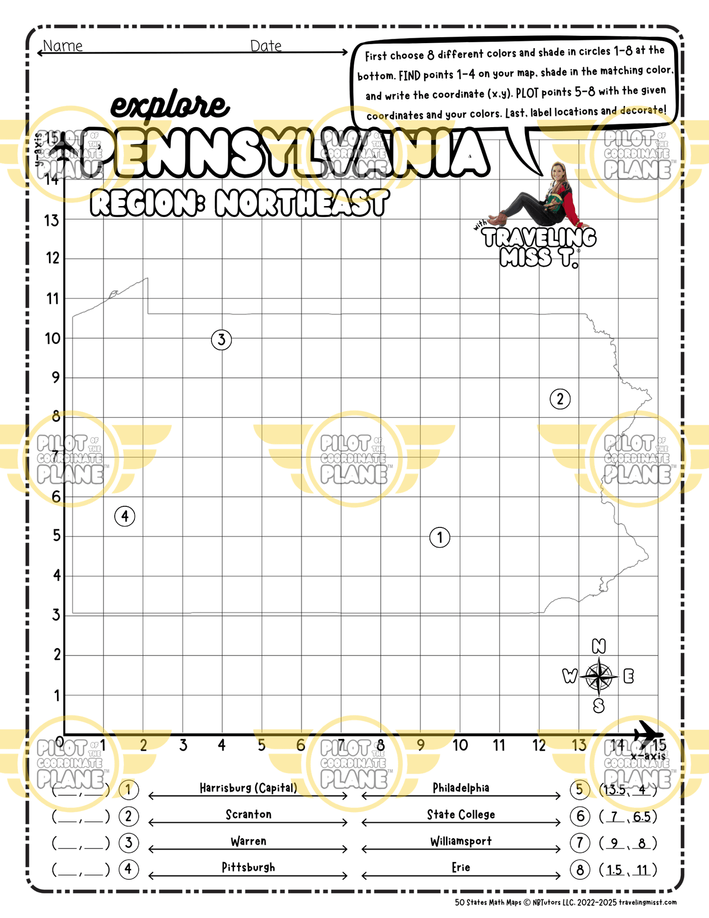 Map of Pennsylvania layered with a Coordinate Plane Worksheet featuring Traveling Miss T.