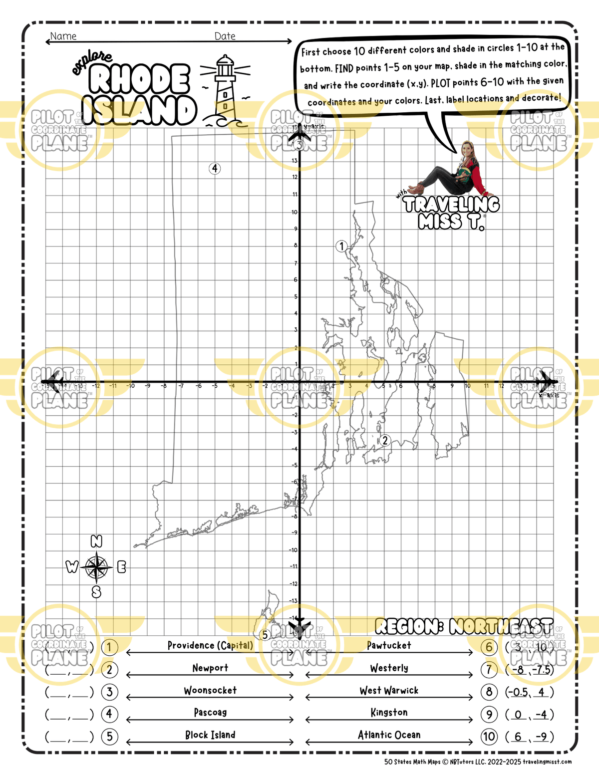 Map of Rhode Island layered with a Coordinate Plane Worksheet featuring Traveling Miss T.