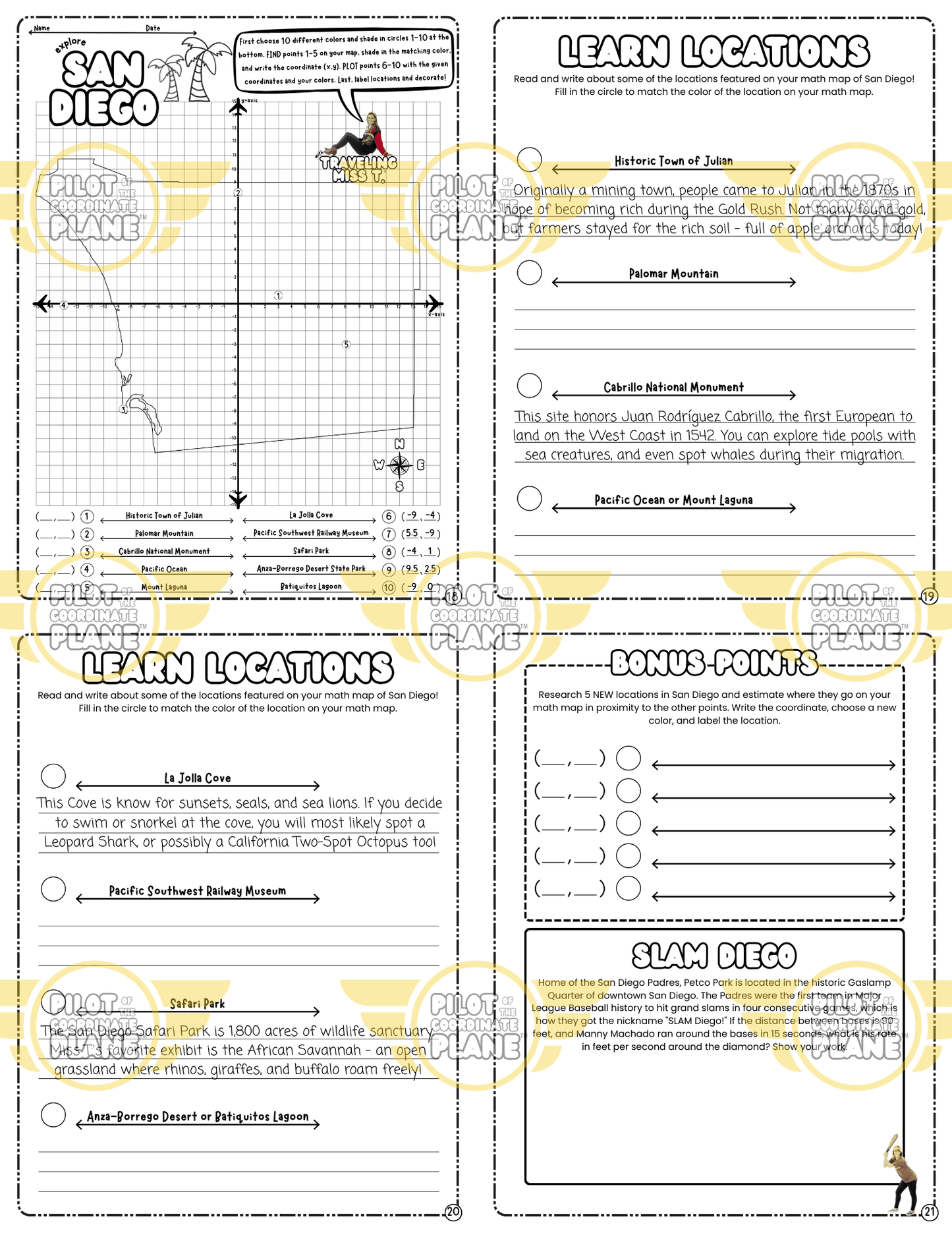 Educational worksheet bundle and San Diego Math Map adventure by Coordinate Plane by Traveling Miss T.
