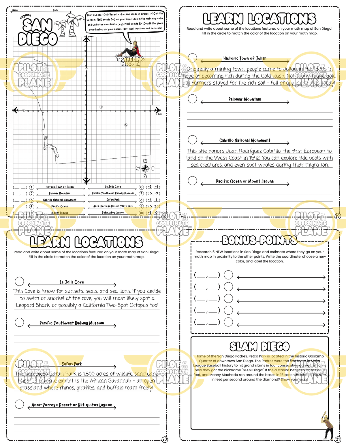Educational worksheet bundle and San Diego Math Map adventure by Coordinate Plane by Traveling Miss T.