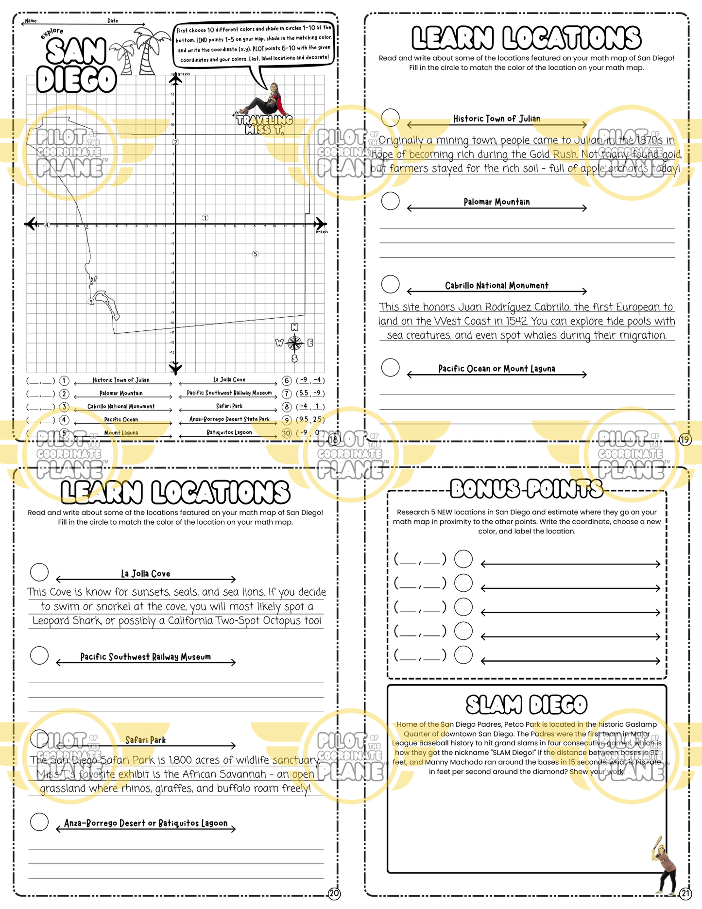 Educational worksheet bundle and San Diego Math Map adventure by Coordinate Plane by Traveling Miss T.