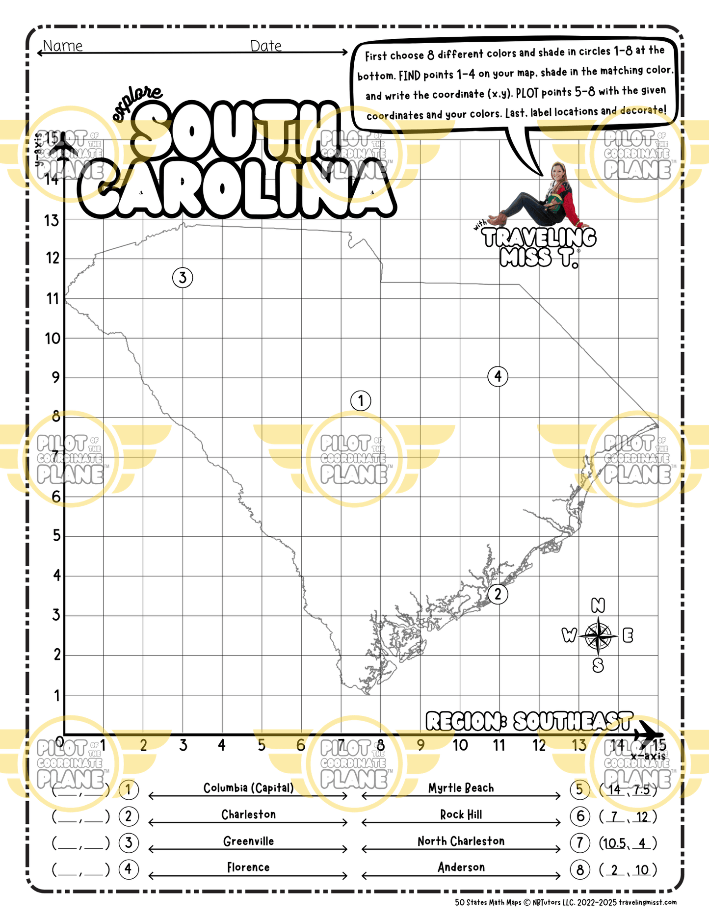 Map of South Carolina layered with a Coordinate Plane Worksheet featuring Traveling Miss T.