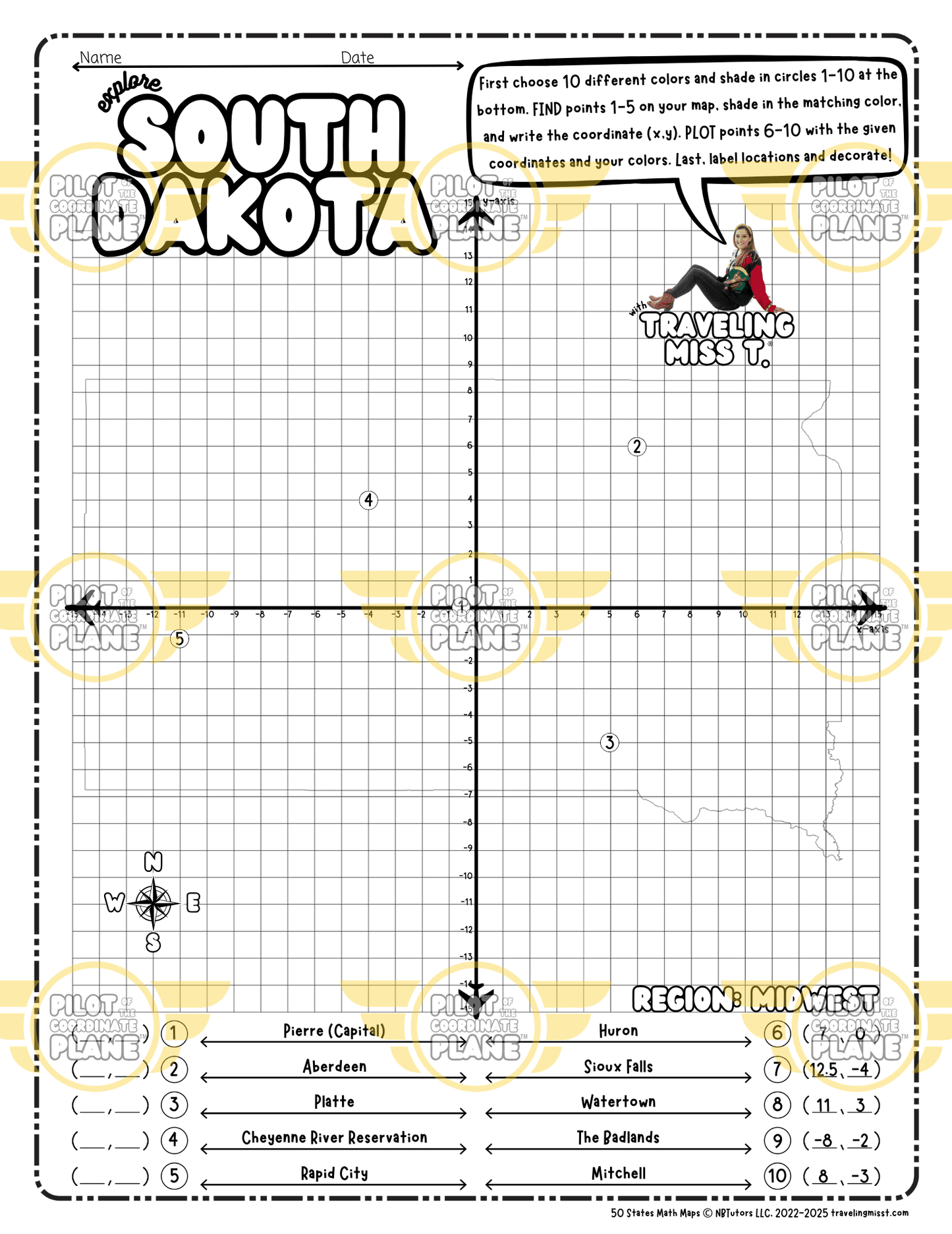 Map of South Dakota layered with a Coordinate Plane Worksheet featuring Traveling Miss T.