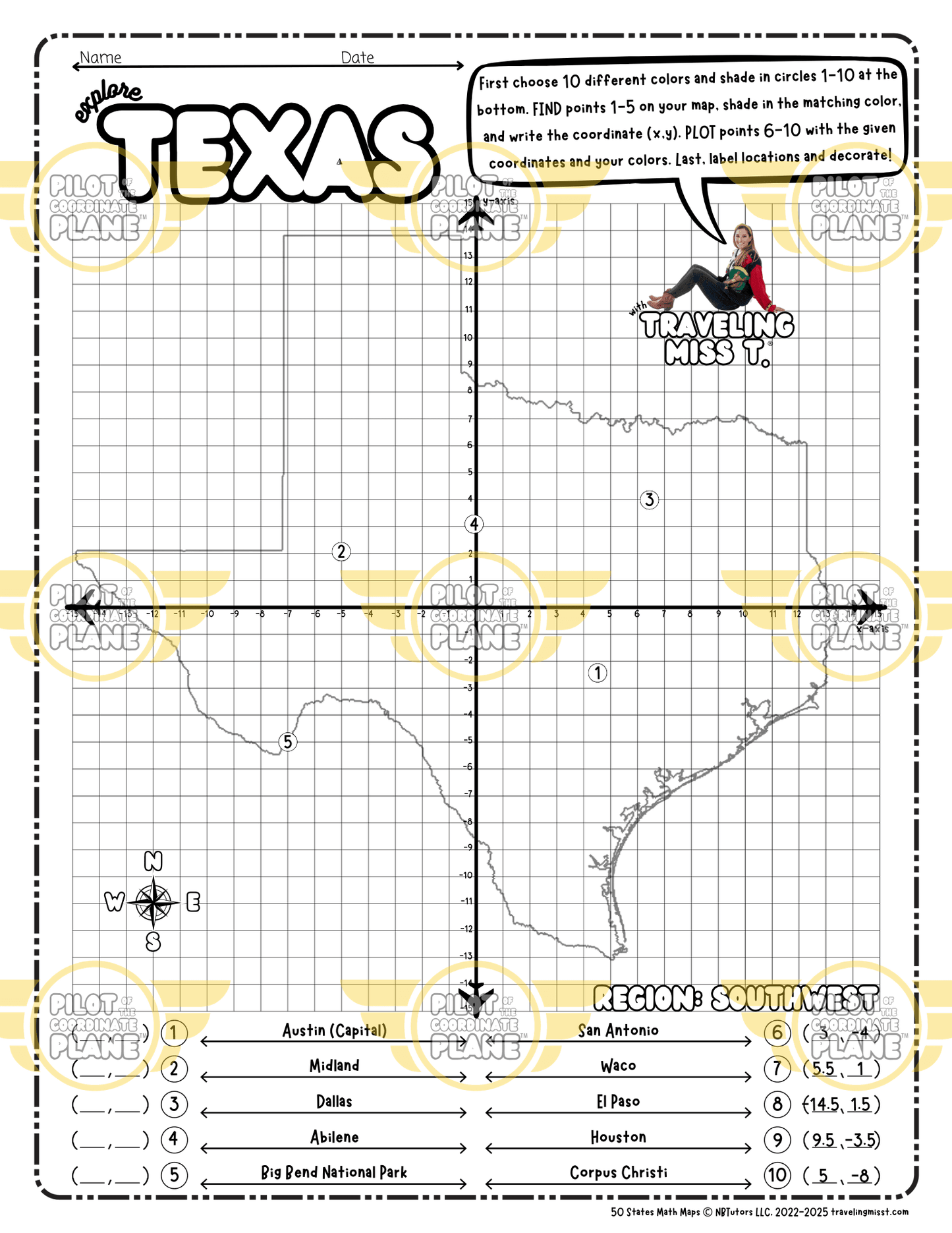 Map of Texas layered with a Coordinate Plane Worksheet featuring Traveling Miss T.