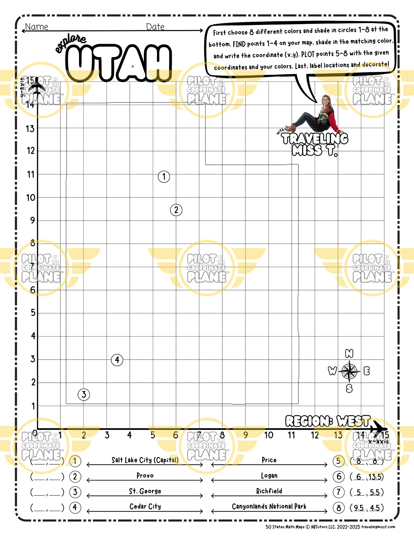 Map of Utah layered with a Coordinate Plane Worksheet featuring Traveling Miss T.