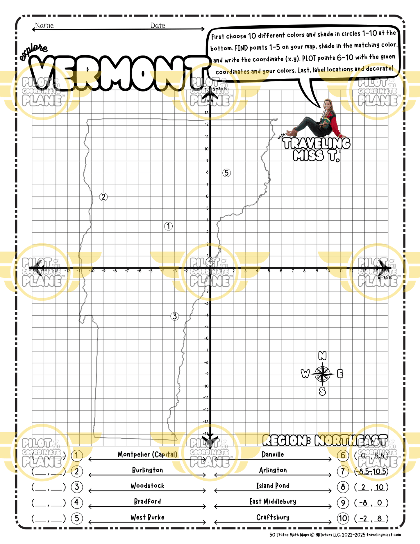 Map of Vermont layered with a Coordinate Plane Worksheet featuring Traveling Miss T.