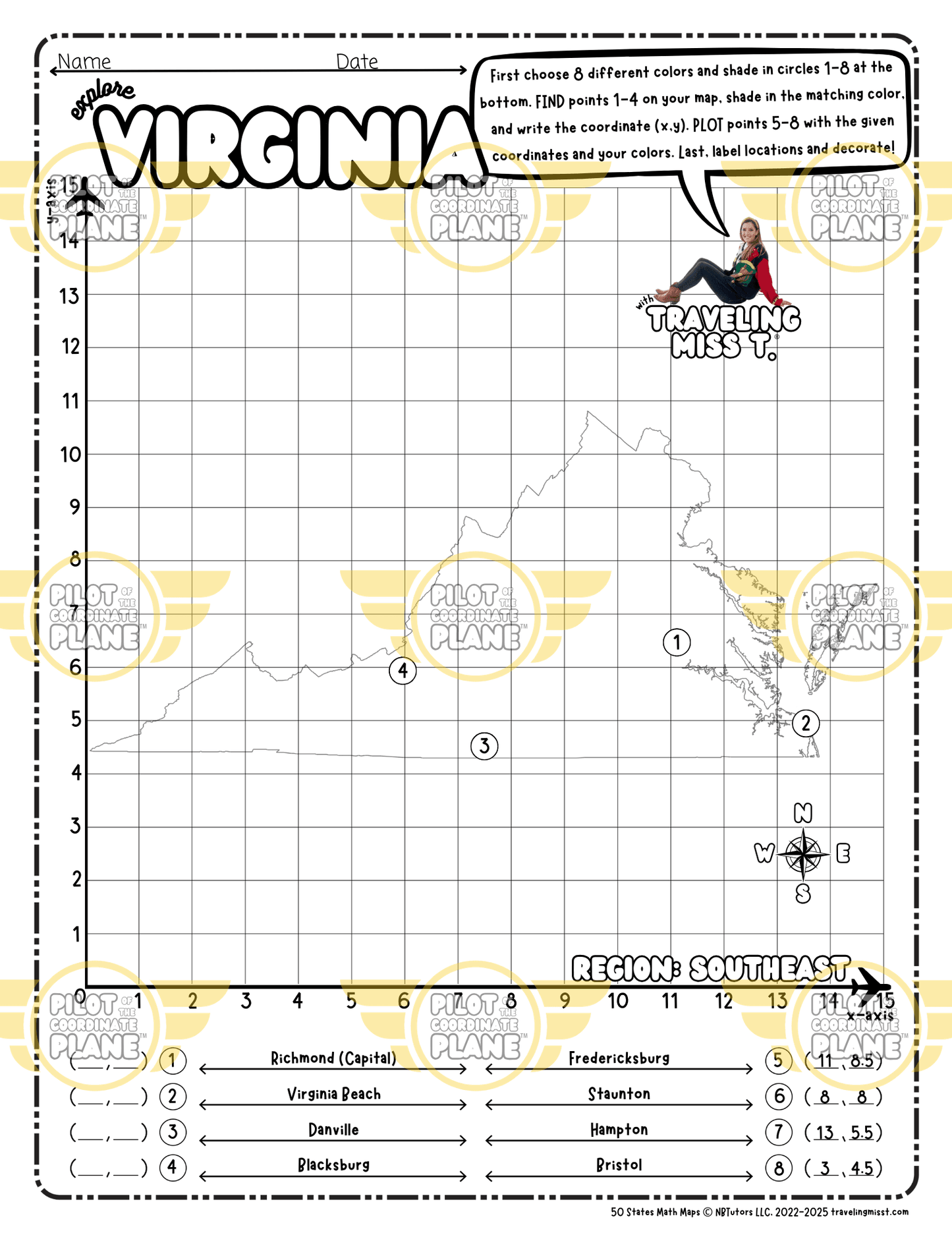 Map of Virginia layered with a Coordinate Plane Worksheet featuring Traveling Miss T.