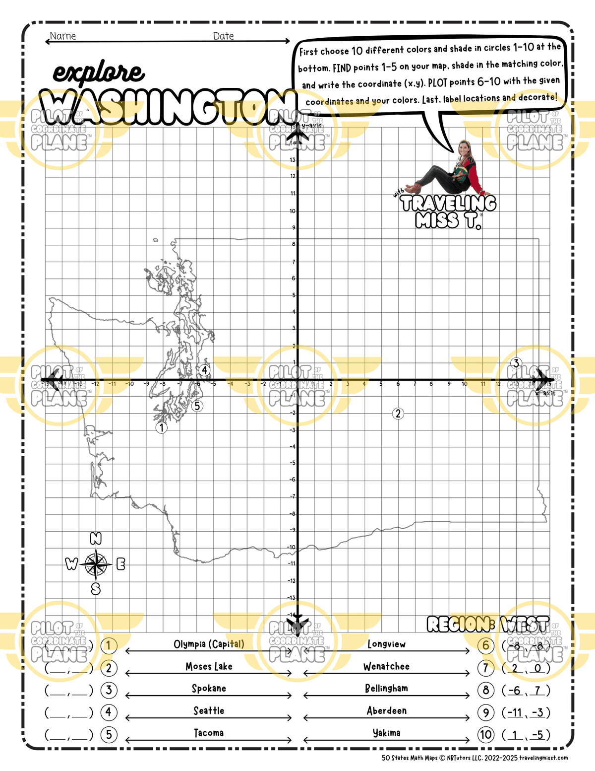 Map of Washington layered with a Coordinate Plane Worksheet featuring Traveling Miss T.