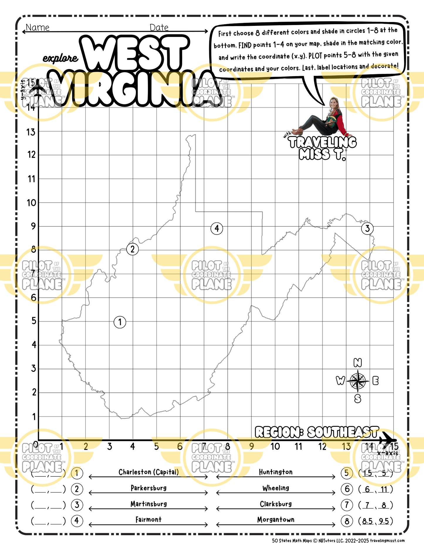 Map of West Virginia layered with a Coordinate Plane Worksheet featuring Traveling Miss T.