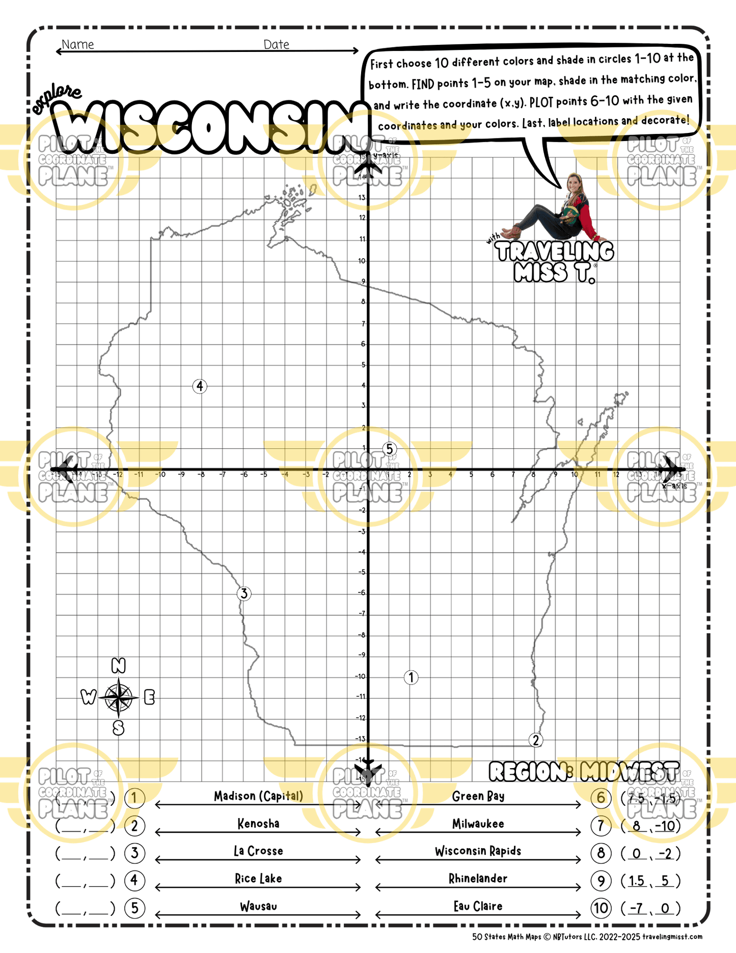 Map of Wisconsin layered with a Coordinate Plane Worksheet featuring Traveling Miss T.
