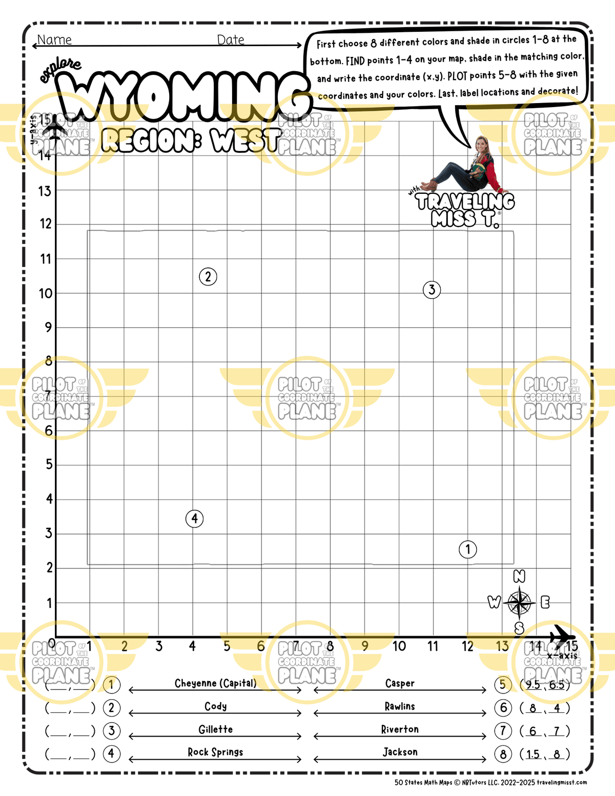 Map of Wyoming layered with a Coordinate Plane Worksheet featuring Traveling Miss T.