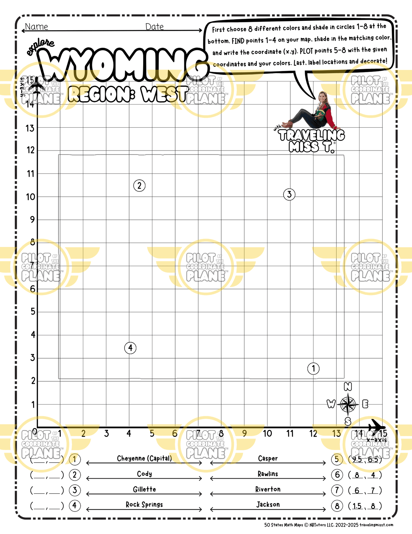 Map of Wyoming layered with a Coordinate Plane Worksheet featuring Traveling Miss T.