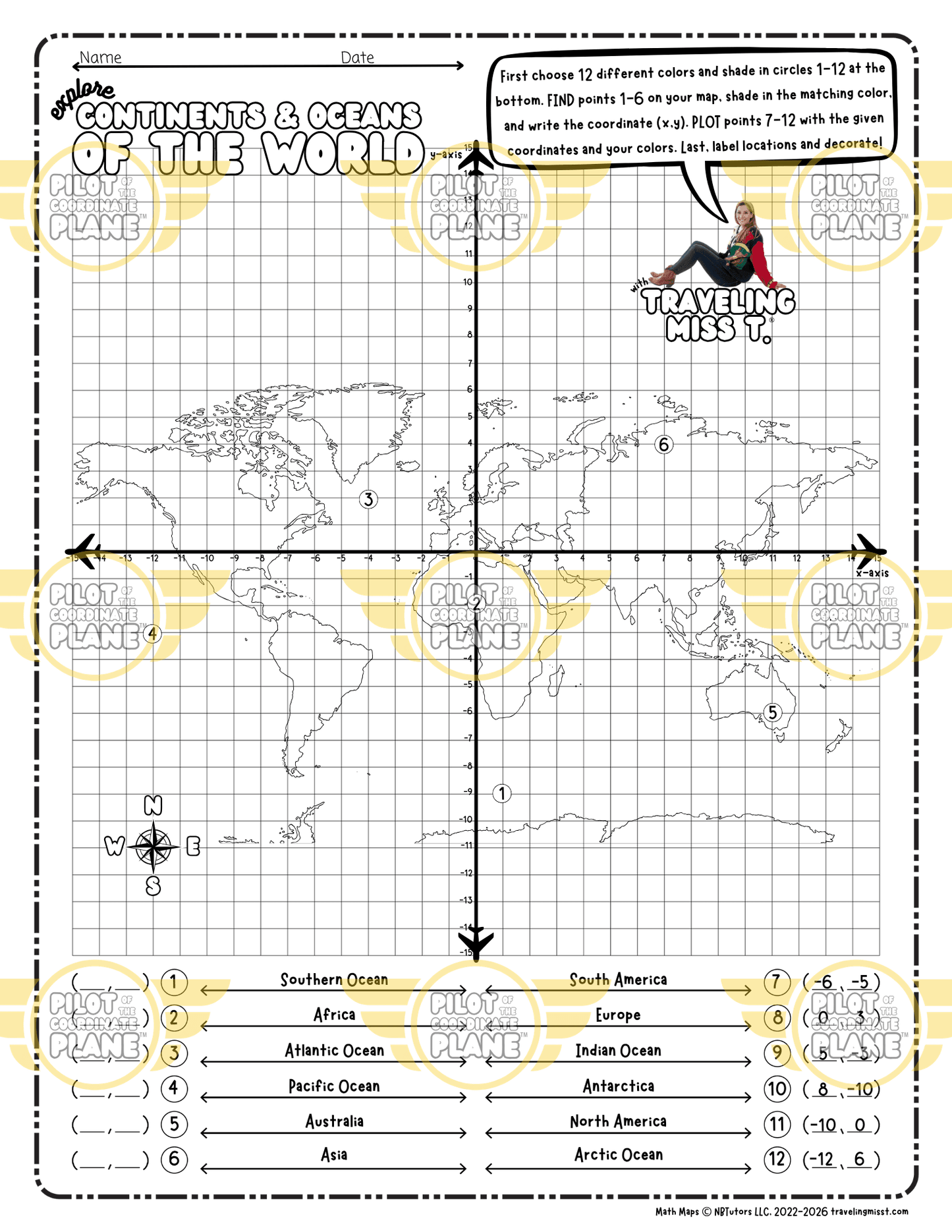 Printable map of continents and oceans by Coordinate Plane from Traveling Miss T.