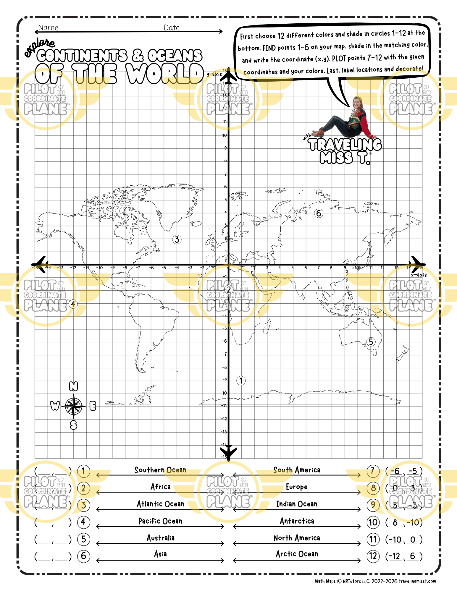 Printable map of continents and oceans by Coordinate Plane from Traveling Miss T.