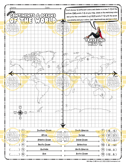 Printable map of continents and oceans by Coordinate Plane from Traveling Miss T.