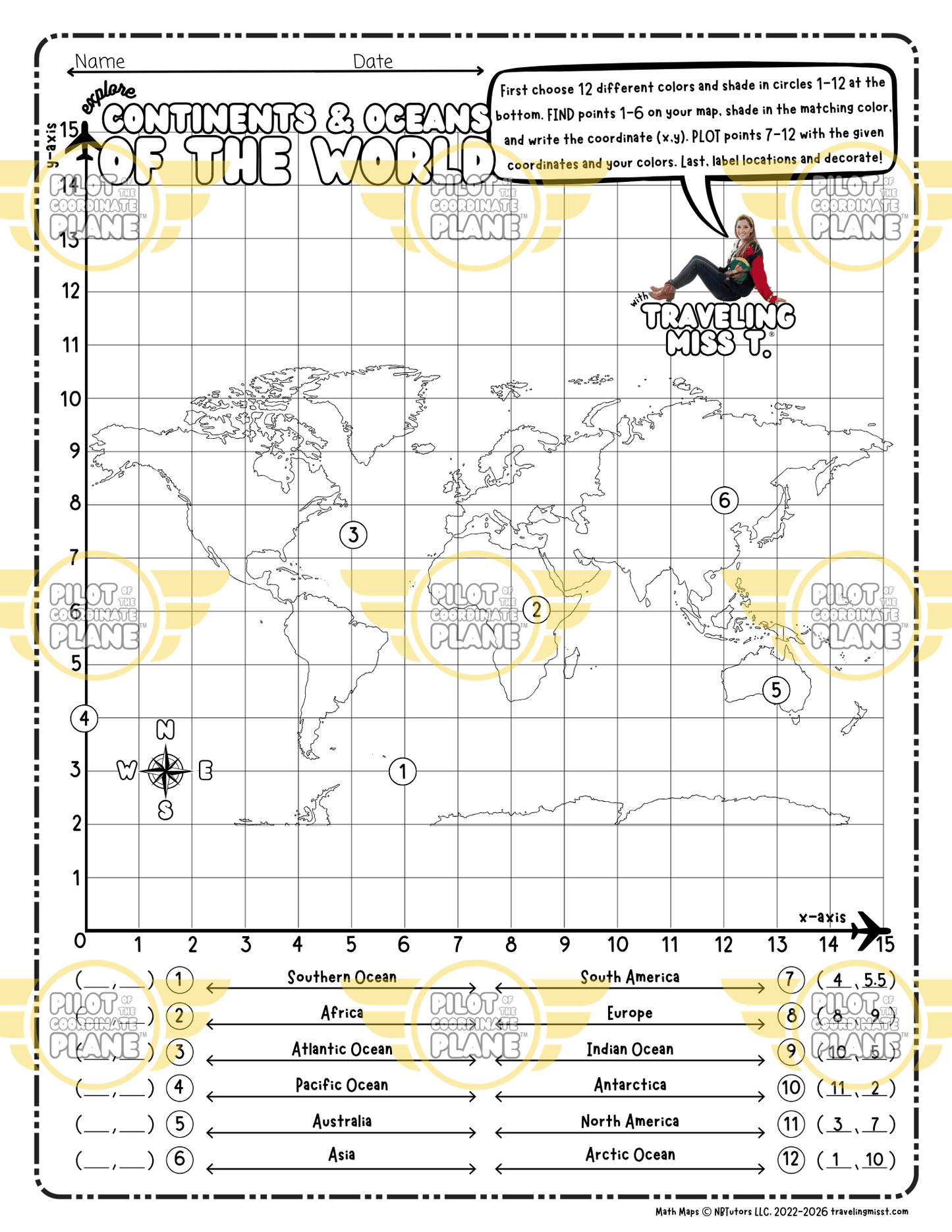 Printable map of continents and oceans by Coordinate Plane from Traveling Miss T.