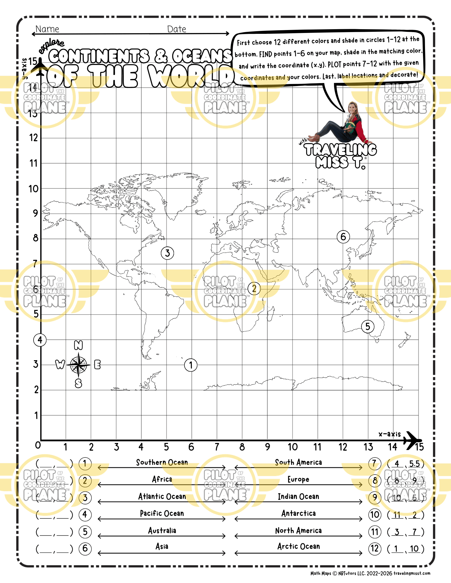 Printable map of continents and oceans by Coordinate Plane from Traveling Miss T.