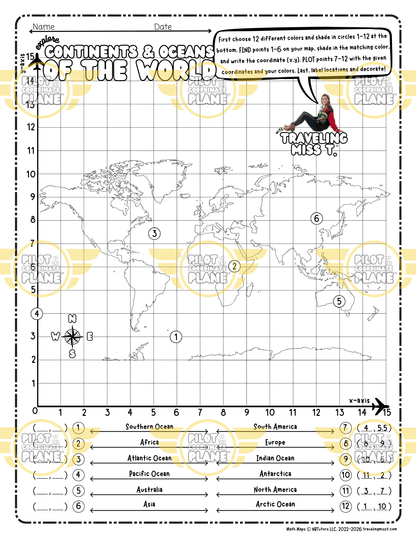 Printable map of continents and oceans by Coordinate Plane from Traveling Miss T.