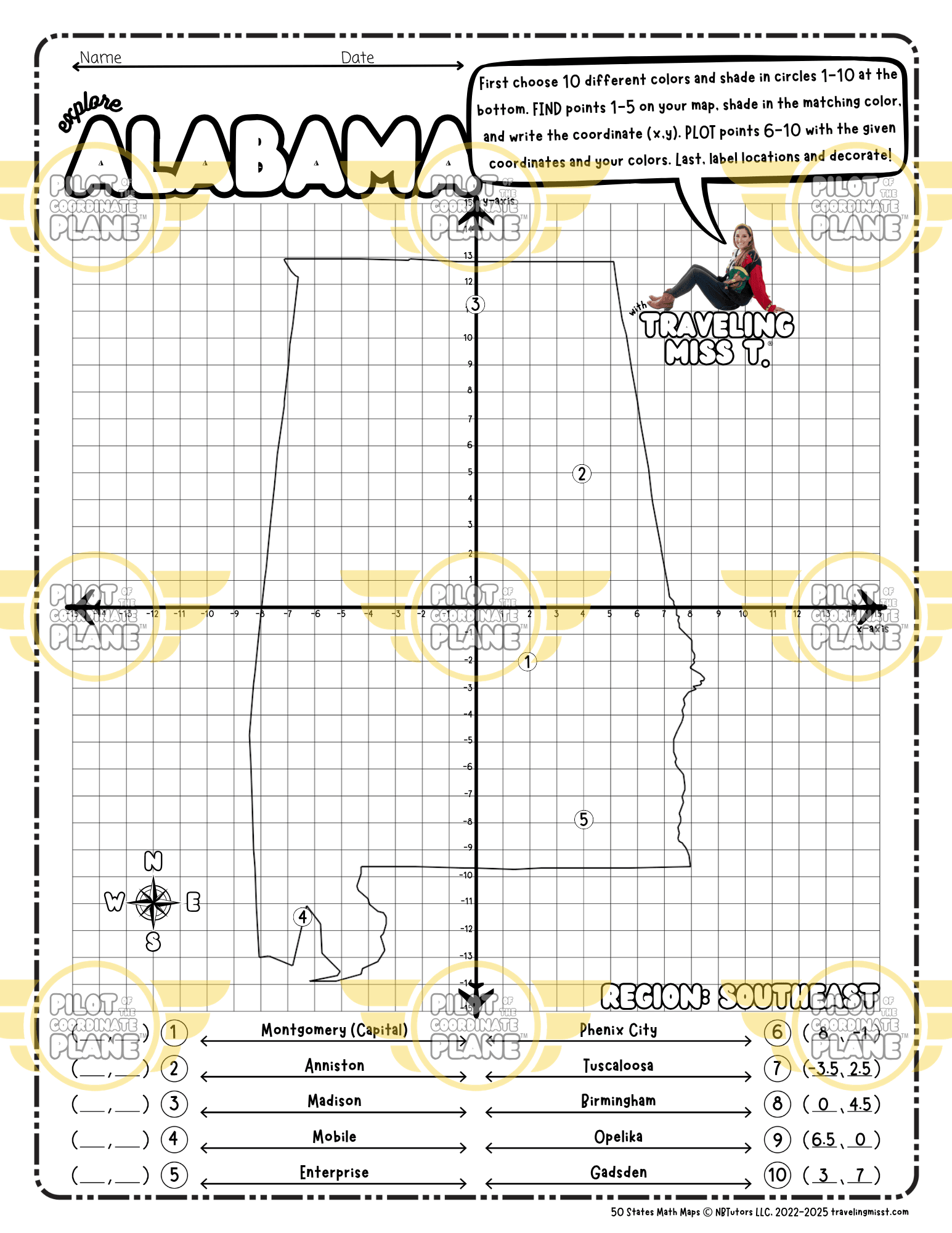 Map of Alabama layered with a Coordinate Plane Worksheet, featuring Traveling Miss T.