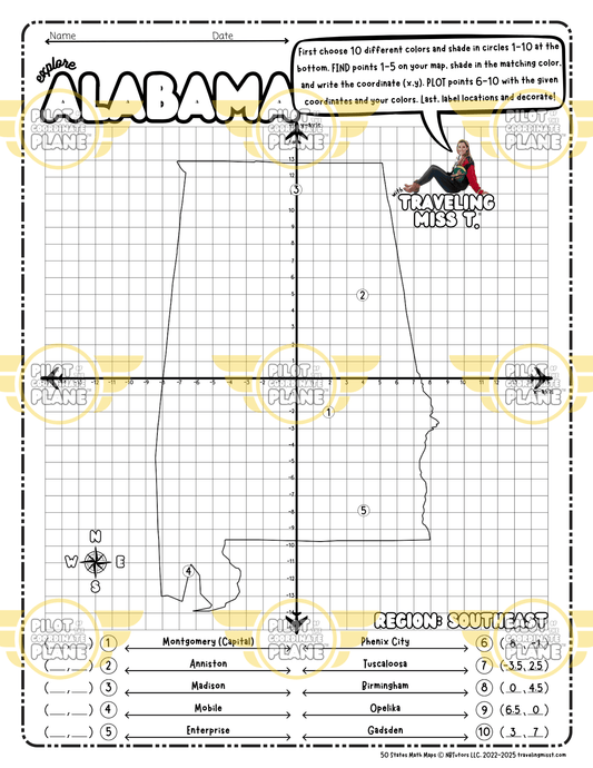 Map of Alabama layered with a Coordinate Plane Worksheet, featuring Traveling Miss T.