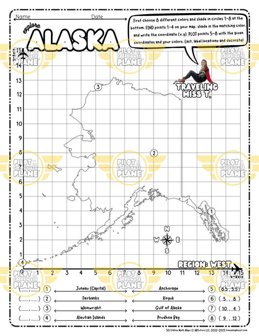 Map of Alaska layered with a Coordinate Plane Worksheet, featuring Traveling Miss T.