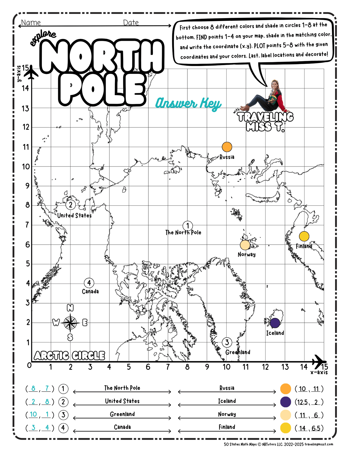 Map of the North Pole layered with Coordinate Plane Worksheet with coordinates and coloring exercise, featuring Traveling Miss T.