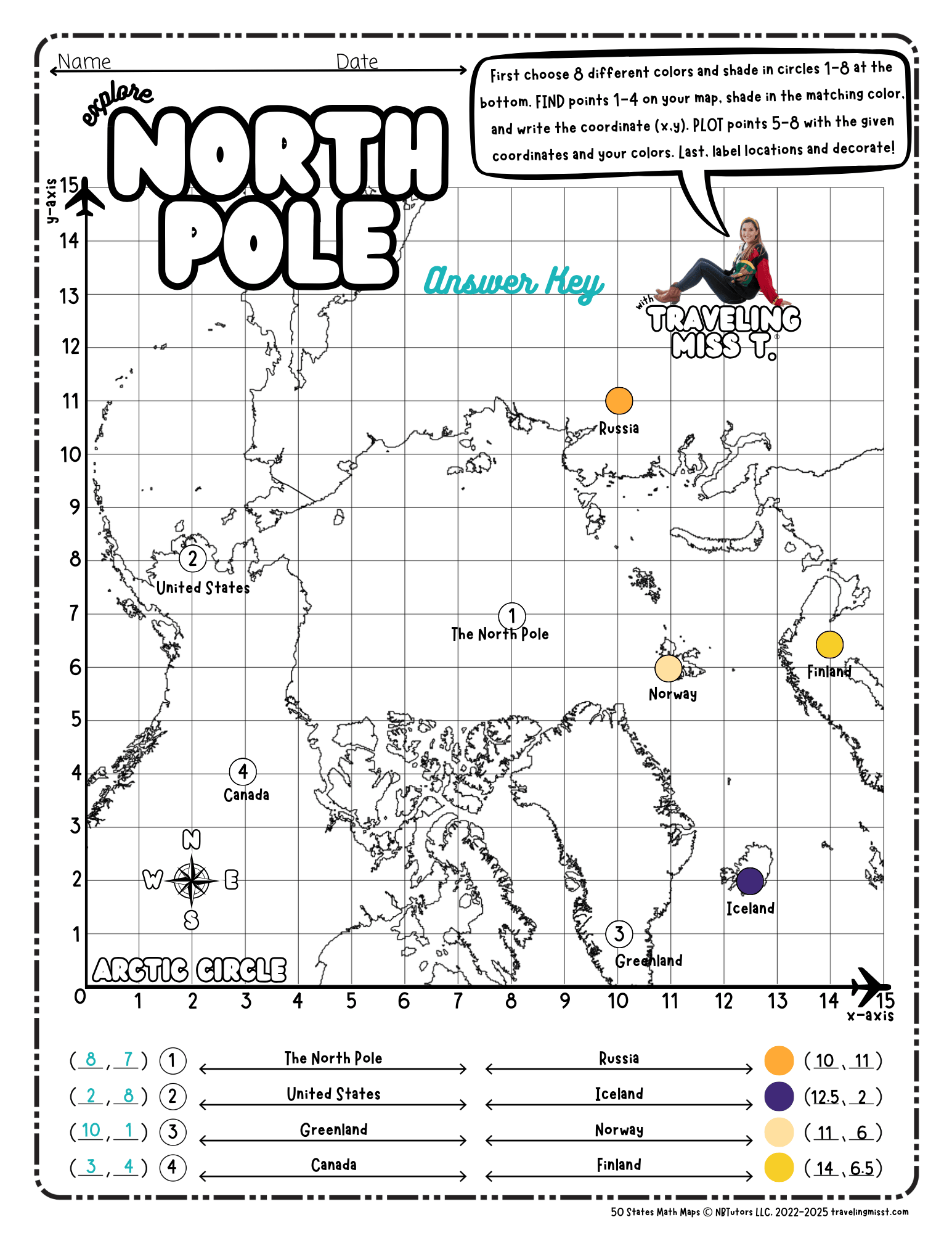 Map of the North Pole layered with Coordinate Plane Worksheet with coordinates and coloring exercise, featuring Traveling Miss T.