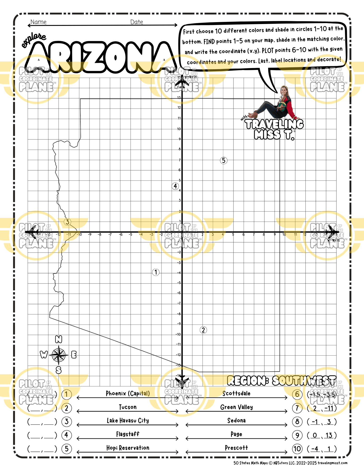 Map of Arizona layered with a Coordinate Plane Worksheet, featuring Traveling Miss T.