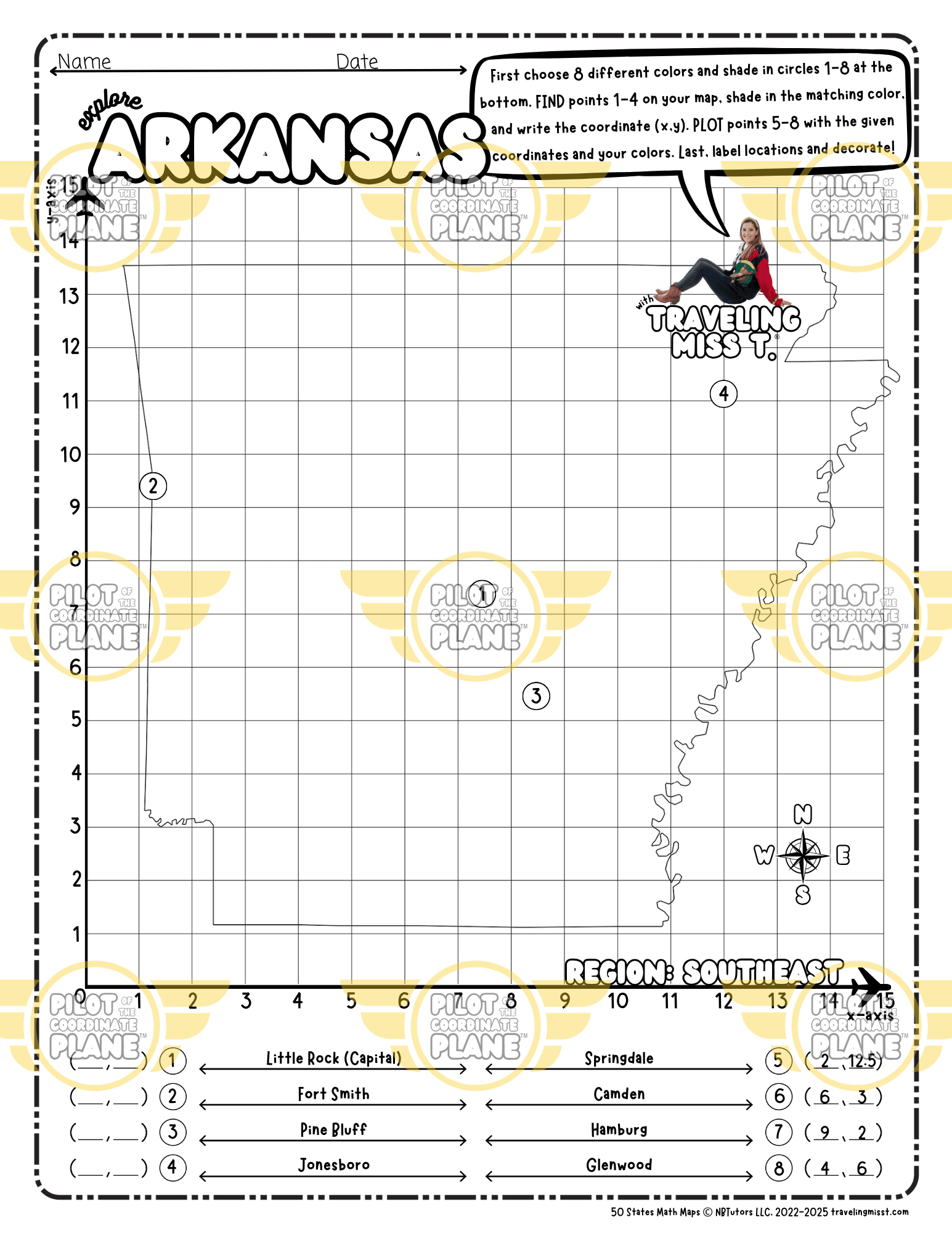 Map of Arkansas layered with a Coordinate Plane Worksheet by Traveling Miss T.
