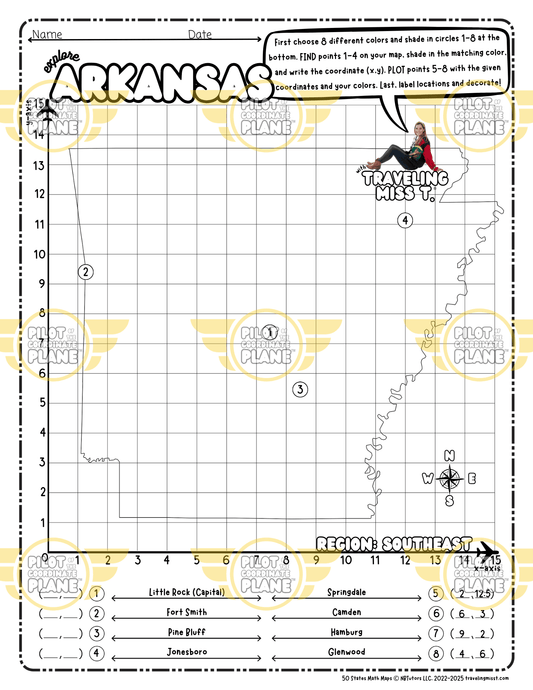 Map of Arkansas layered with a Coordinate Plane Worksheet by Traveling Miss T.