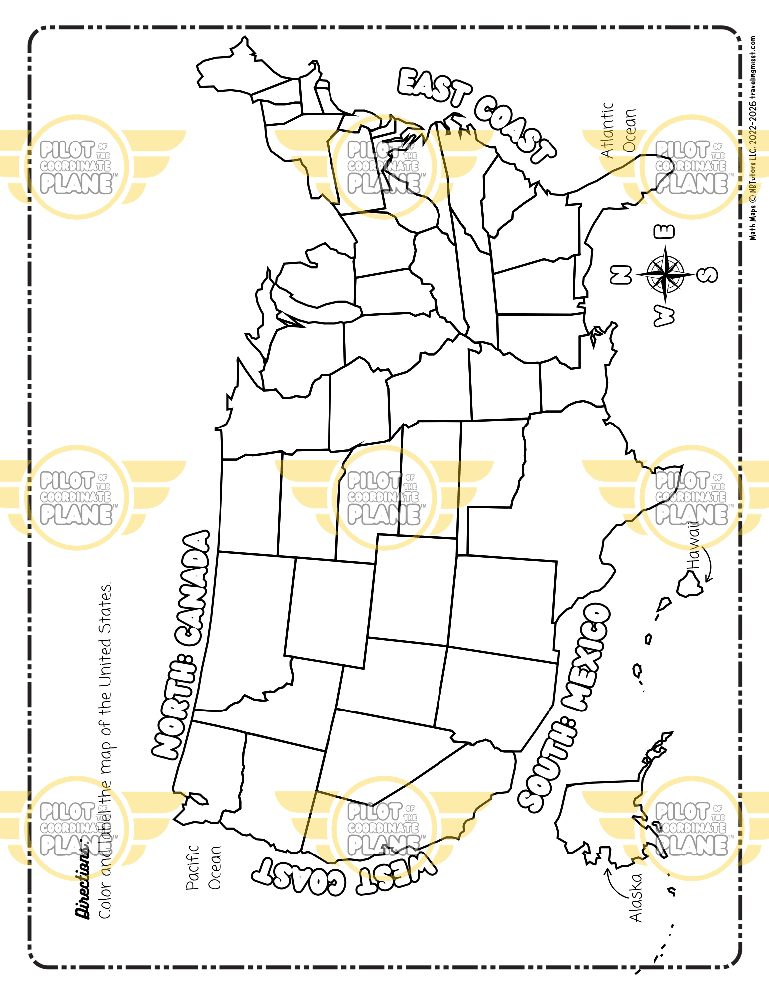 Blank Map of the United States for labeling and learning the 50 states by Traveling Miss T