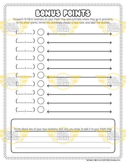 Worksheet with bonus coordinate points template section and space for writing locations and reasons. Extension pages from Traveling Miss T. 