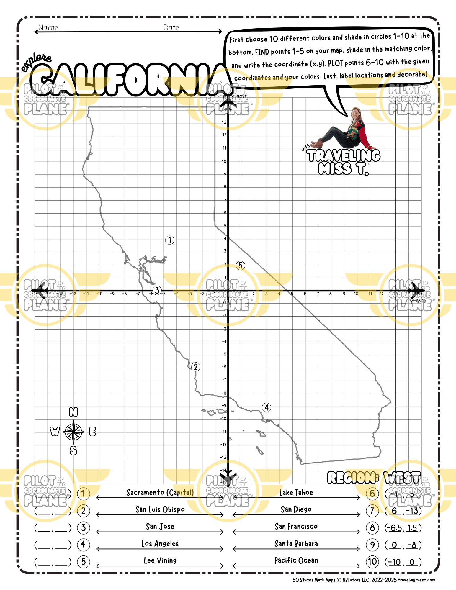Coordinate Plane Worksheet layered with a map of California State by Traveling Miss T.