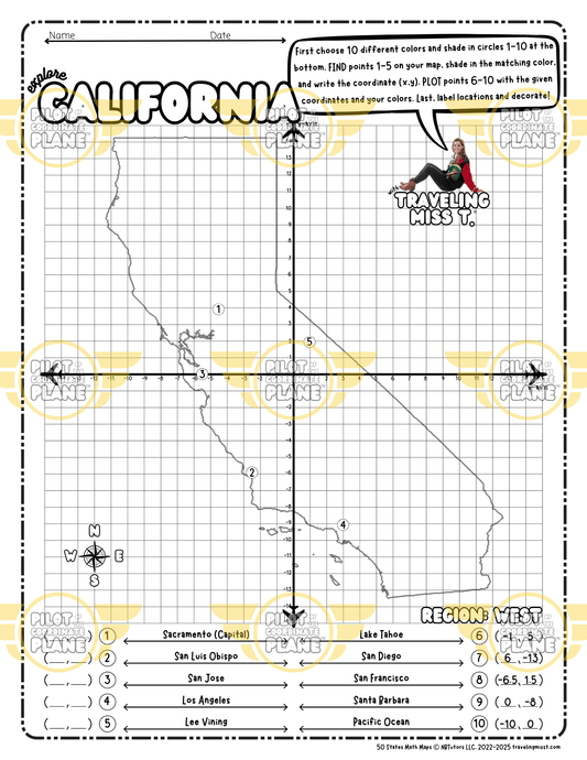 Coordinate Plane Worksheet layered with a map of California State by Traveling Miss T.