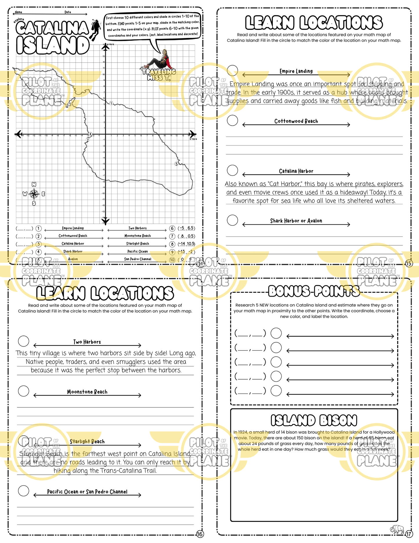 Educational worksheet bundle and Catalina Island Math Map adventure by Coordinate Plane by Traveling Miss T. 
