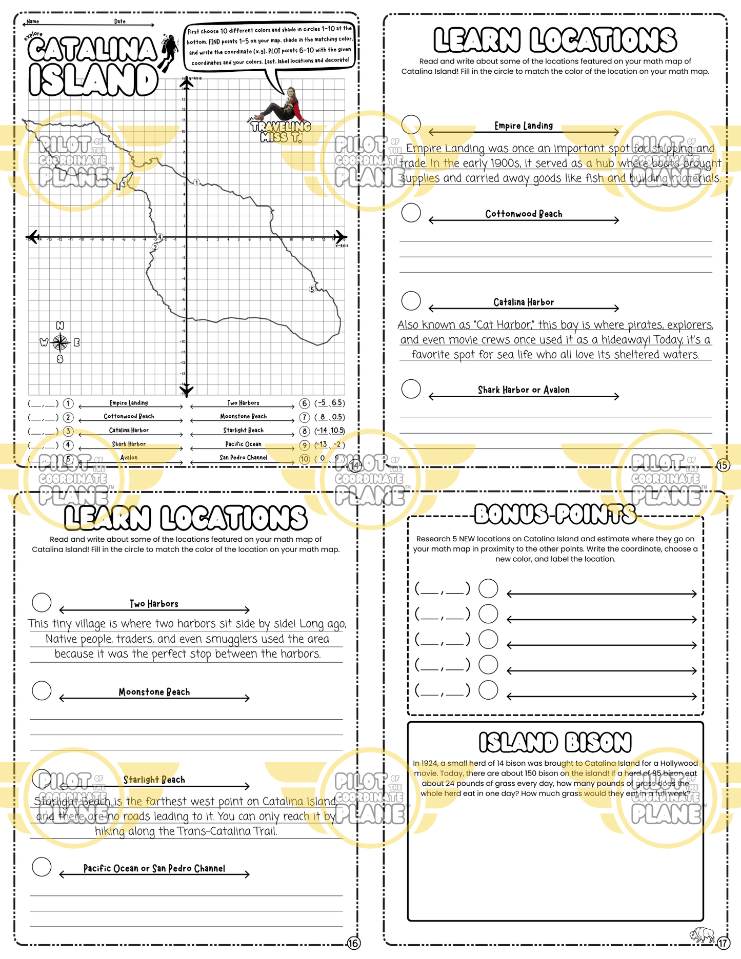 Educational worksheet bundle and Catalina Island Math Map adventure by Coordinate Plane by Traveling Miss T. 