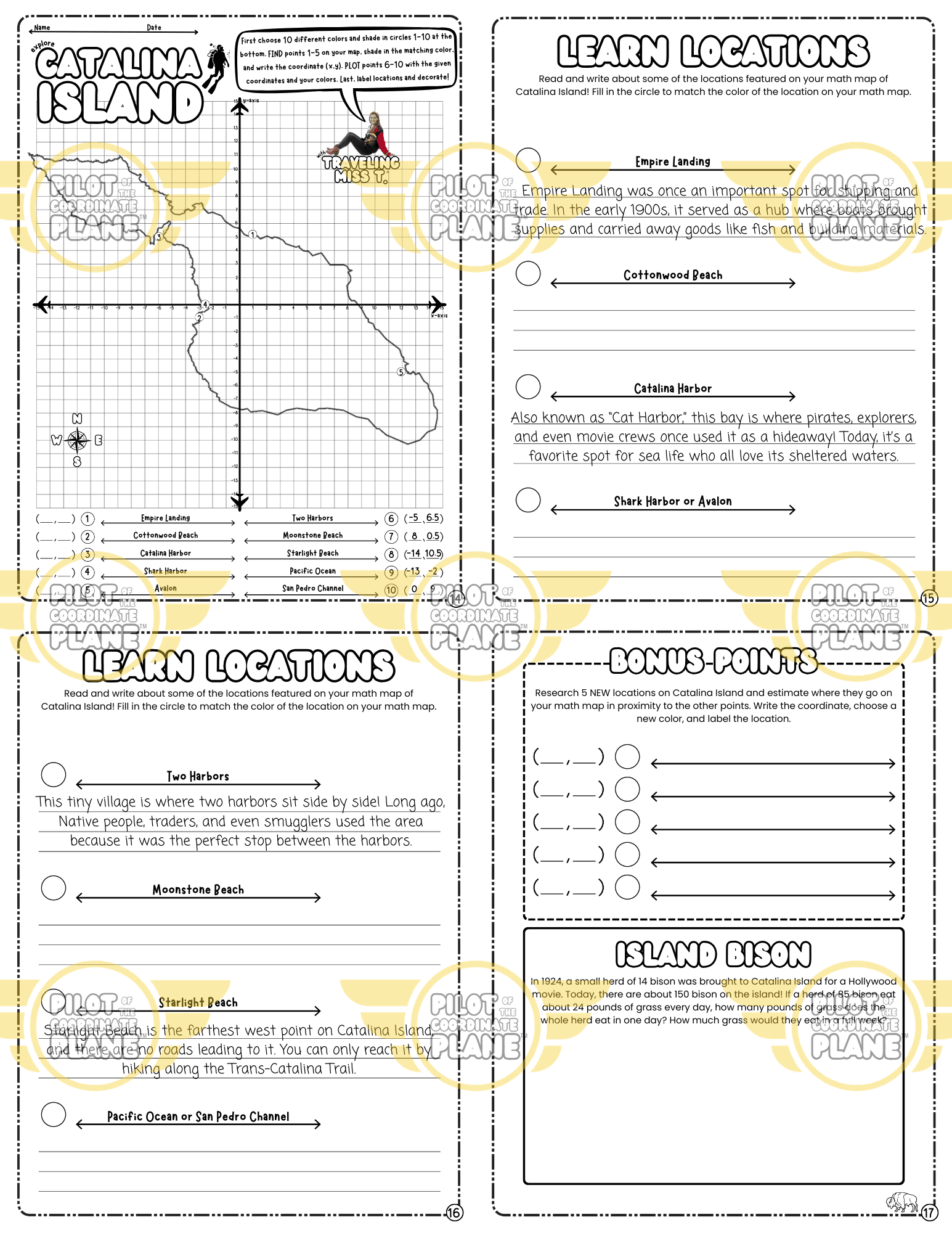 Educational worksheet bundle and Catalina Island Math Map adventure by Coordinate Plane by Traveling Miss T. 