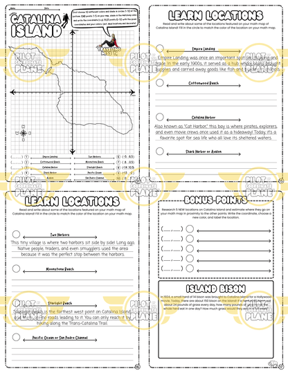 Educational worksheet bundle and Catalina Island Math Map adventure by Coordinate Plane by Traveling Miss T. 