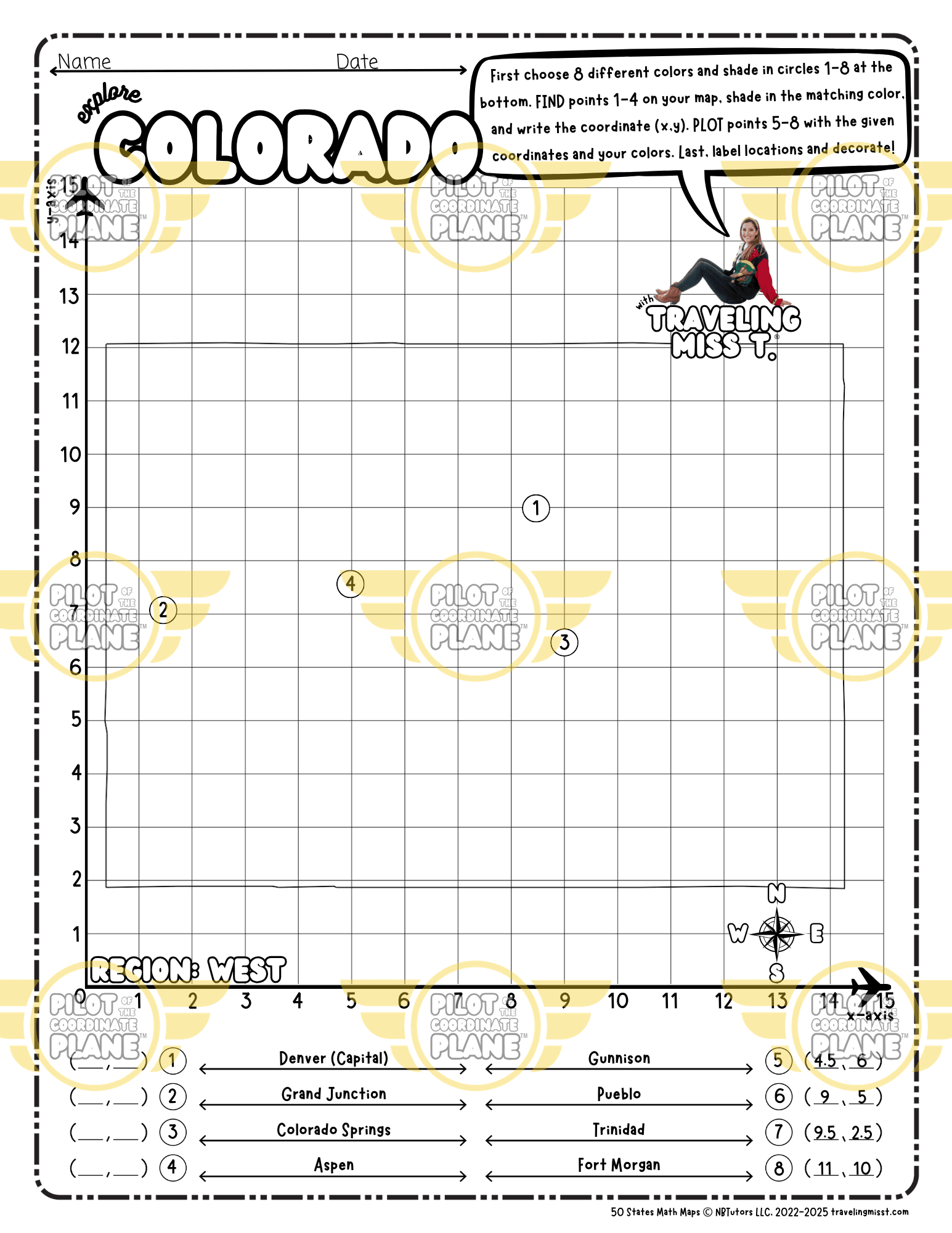 Coordinate Plane Worksheet layered with a map of Colorado by Traveling Miss T.