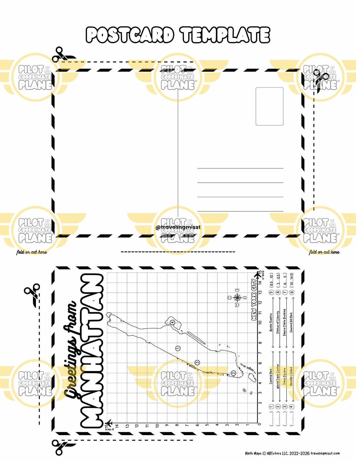 DIY postcard template "Greetings from Manhattan" by Traveling Miss T. (Single Quadrant Coordinate Plane Worksheet)