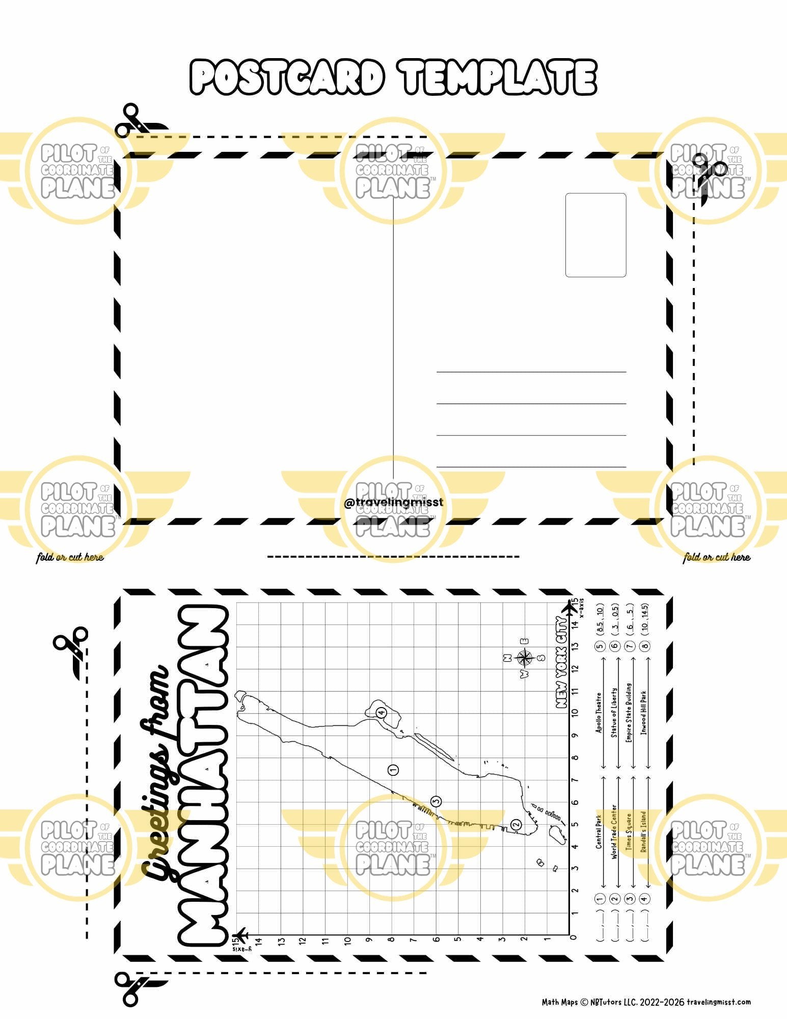 DIY postcard template "Greetings from Manhattan" by Traveling Miss T. (Single Quadrant Coordinate Plane Worksheet)