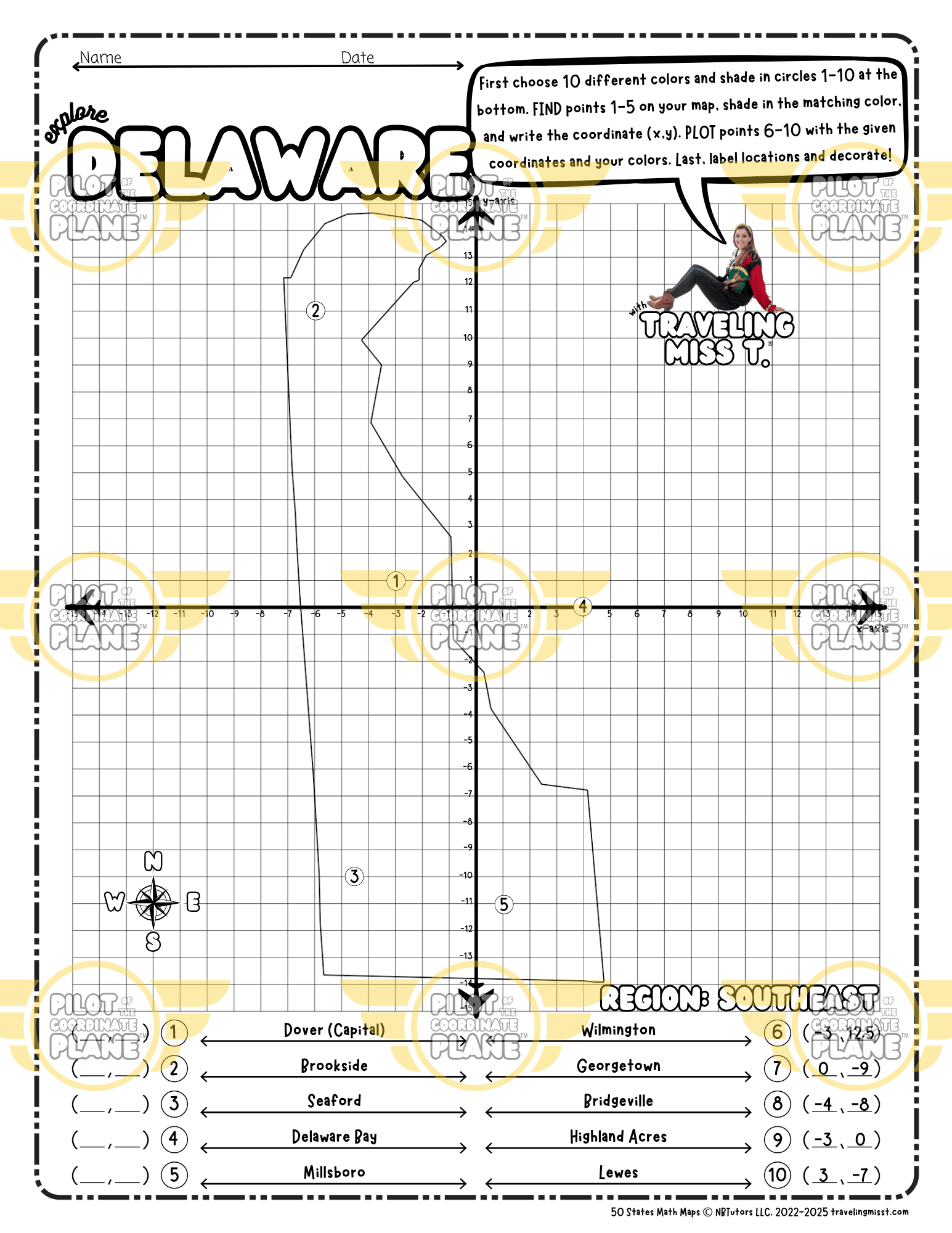 Map of Delaware layered with a Coordinate Plane Worksheet, featuring Traveling Miss T.