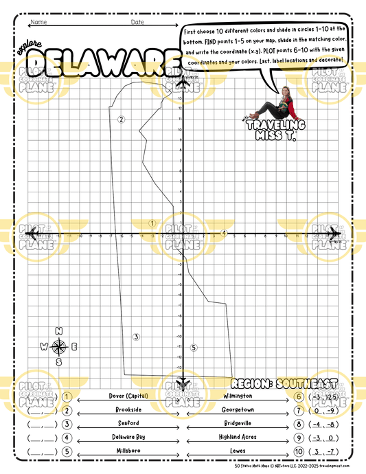 Map of Delaware layered with a Coordinate Plane Worksheet, featuring Traveling Miss T.